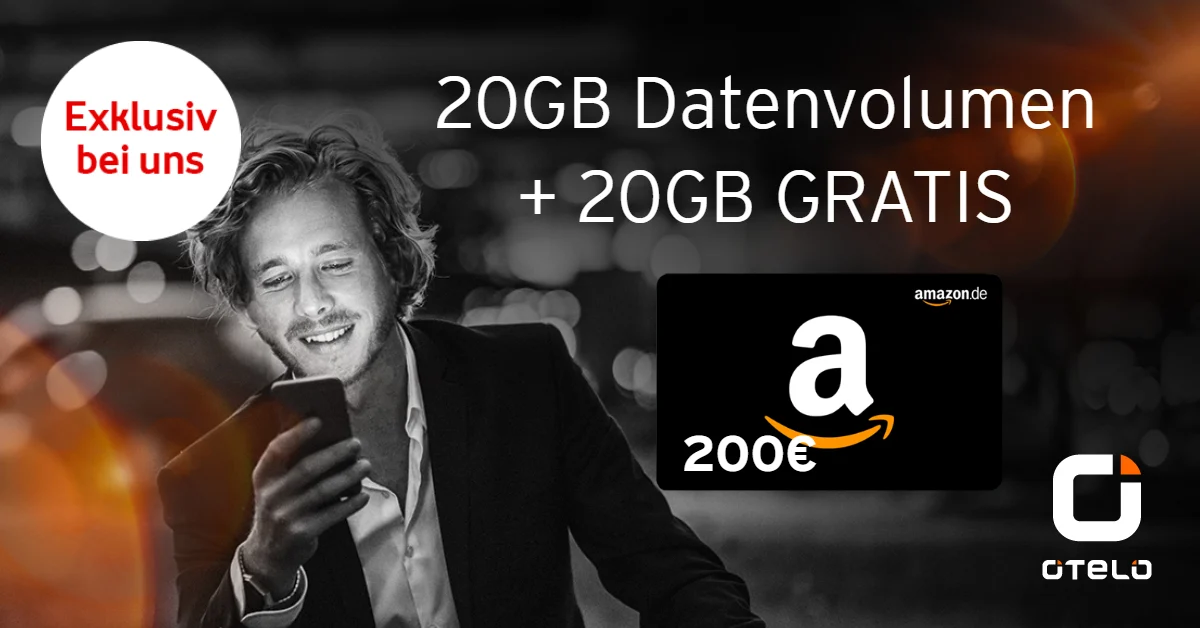 otelo: 20 GB Datenvolumen plus 20 GB gratis und 200 € Amazon-Gutschein, exklusiv bei uns