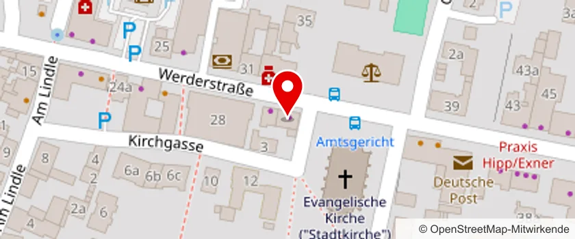 Karte: Lage des Vodafone Fachcenters Müllheim in der Werderstraße 30, neben der Evangelischen Stadtkirche